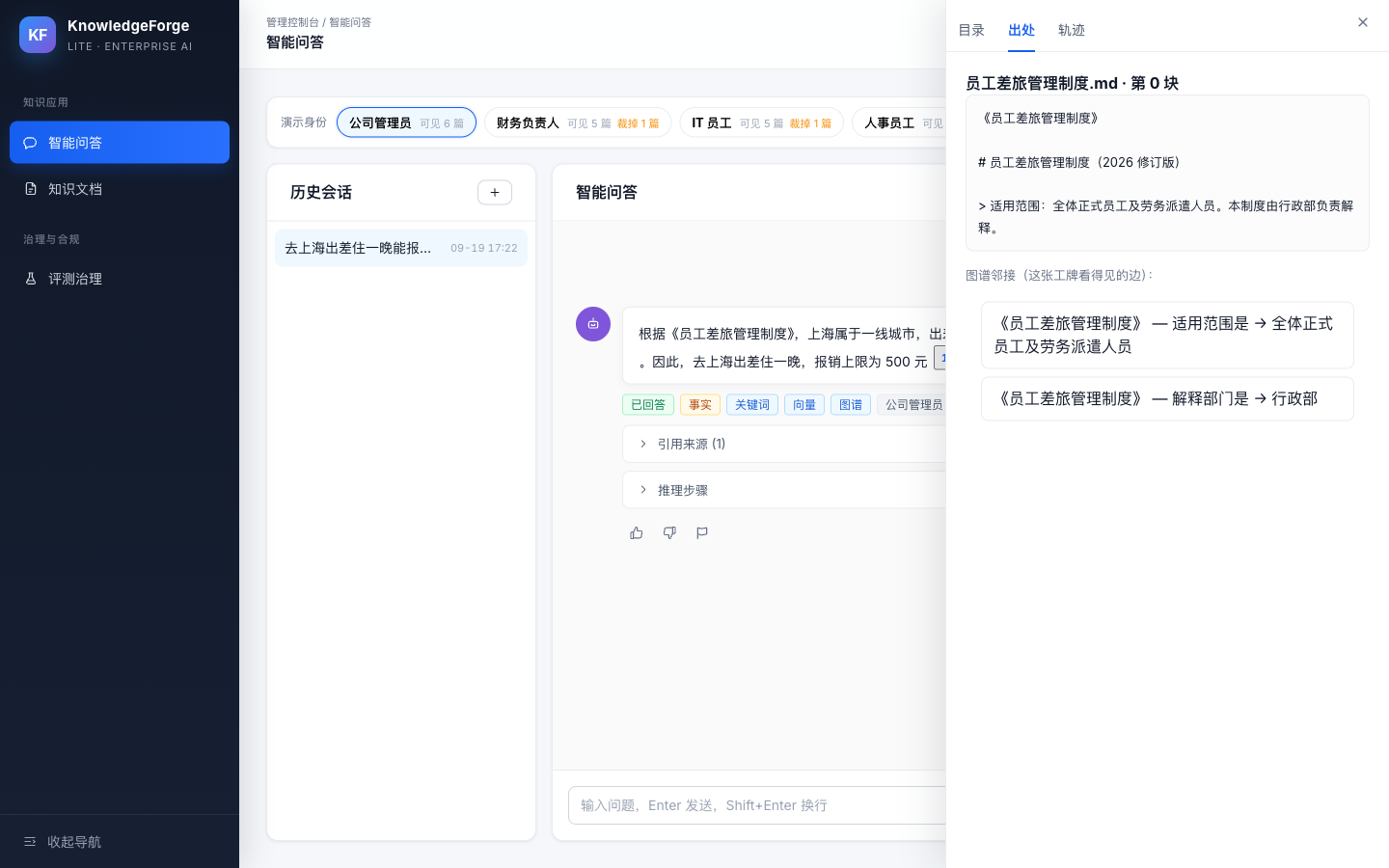 点角标打开证据抽屉:出处页是差旅制度原文和图谱邻接